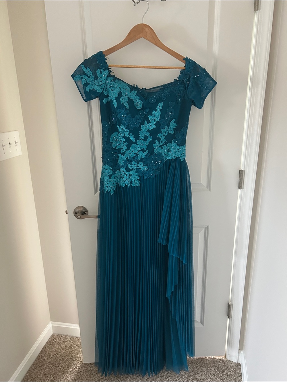 Elegant Teal Off-Shoulder Pleated Wedding Dress originally $985